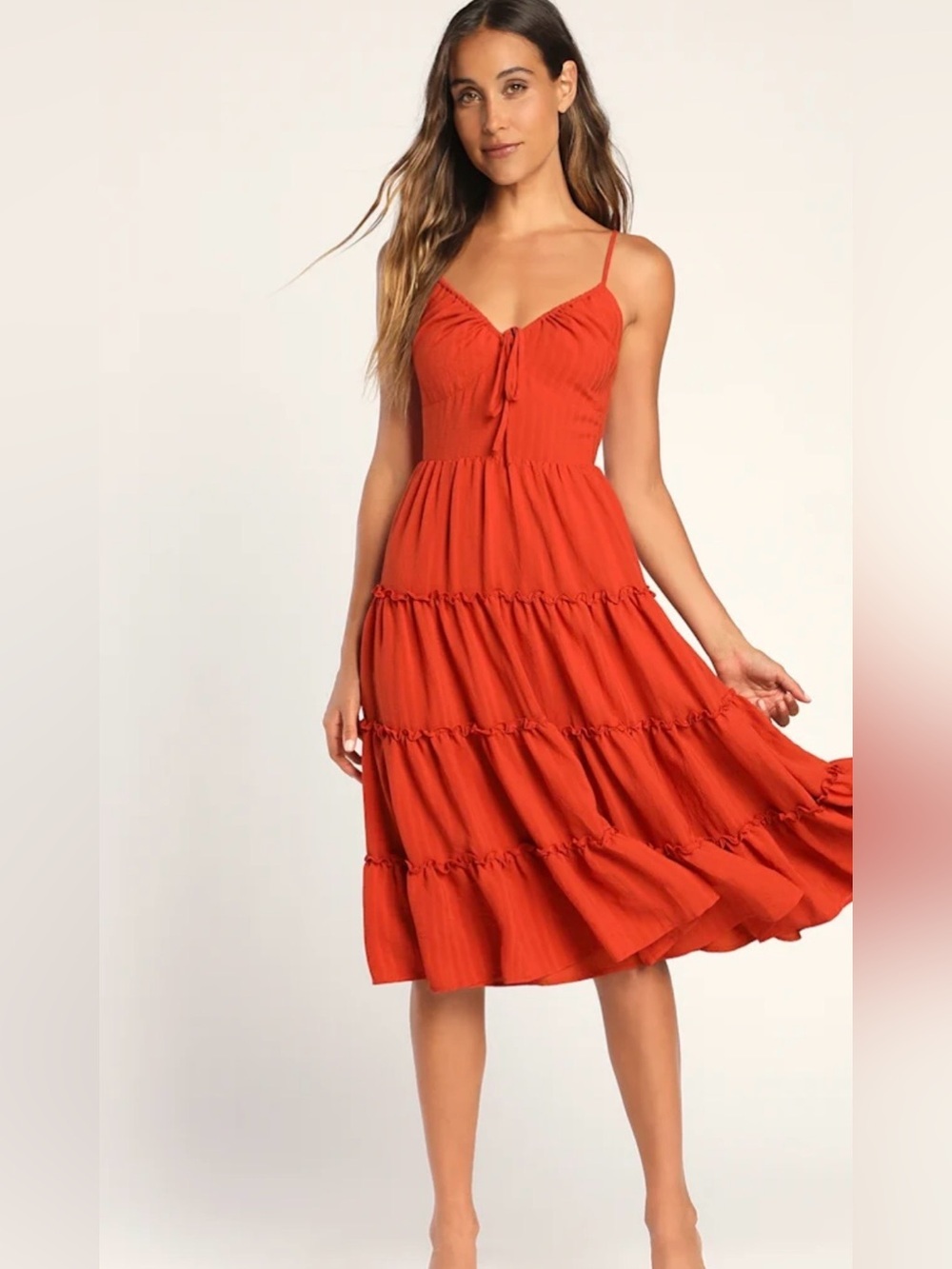 Lulus Tier Loveliness Lightweight Rust Orange Tiered Midi Dress Size M